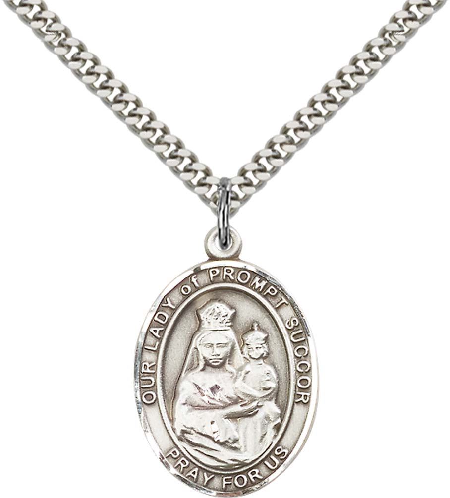 Sterling Silver O/L of Prompt Succor Pendant with 24 Inch Light Rhodium Heavy Curb Chain
