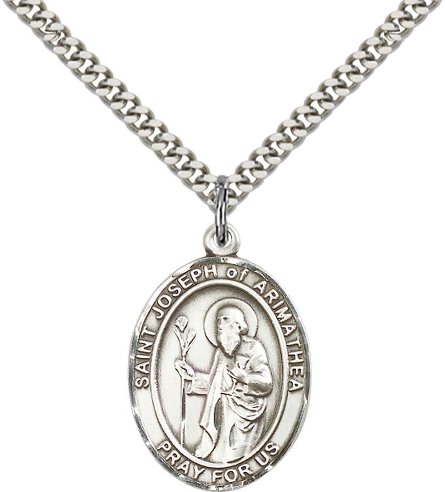 Sterling Silver St. Joseph Pendant with 24 Inch Light Rhodium Heavy Curb Chain - Large Saint Joseph of Arimathea