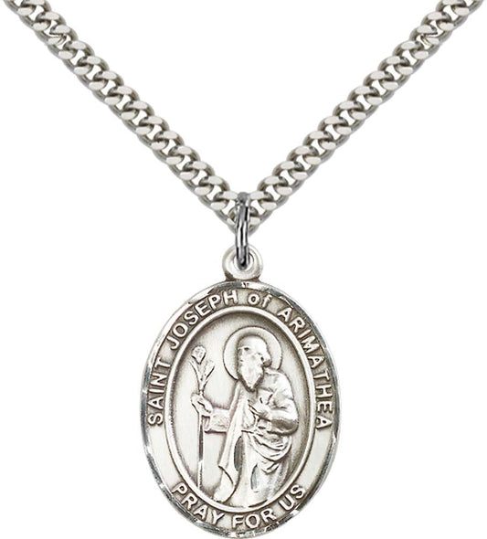 Sterling Silver St. Joseph Pendant with 24 Inch Light Rhodium Heavy Curb Chain - Large Saint Joseph of Arimathea