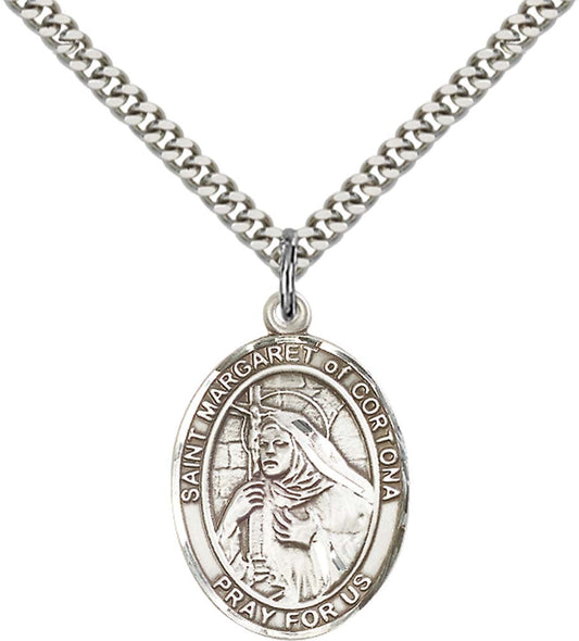 Sterling Silver St. Margaret of Cortona Pendant with 24 Inch Light Rhodium Heavy Curb Chain