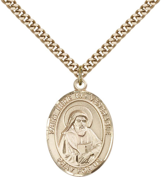 14kt Gold Filled St. Bede the Venerable Pendant with 24 inch Gold Plate Heavy Curb Chain