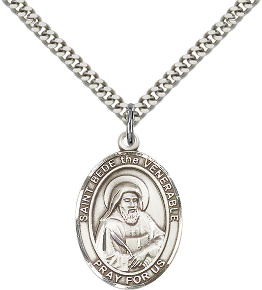 Sterling Silver St. Bede the Venerable Pendant with 24 Inch Light Rhodium Heavy Curb Chain