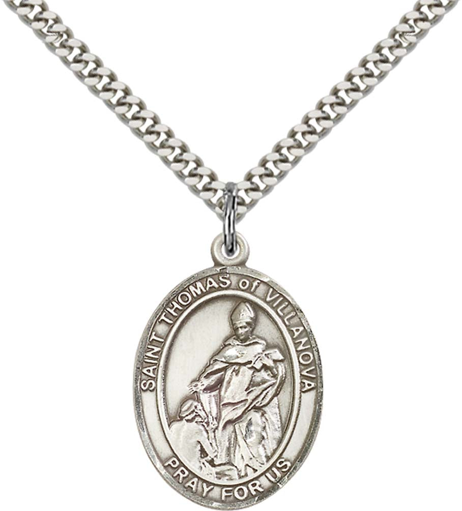Sterling Silver St. Thomas of Villanova Pendant with 24 Inch Light Rhodium Heavy Curb Chain