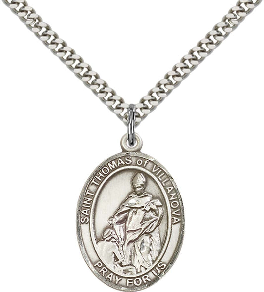 Sterling Silver St. Thomas of Villanova Pendant with 24 Inch Light Rhodium Heavy Curb Chain