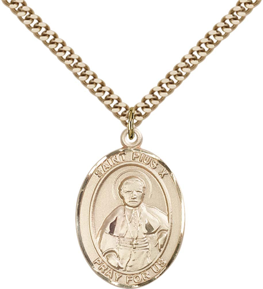 14kt Gold Filled St. Pius X Pendant with 24 inch Gold Plate Heavy Curb Chain