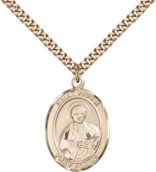 14kt Gold Filled St. Pius X Pendant with 24 inch Gold Plate Heavy Curb Chain