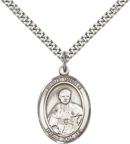 Sterling Silver St. Pius X Pendant with 24 Inch Light Rhodium Heavy Curb Chain