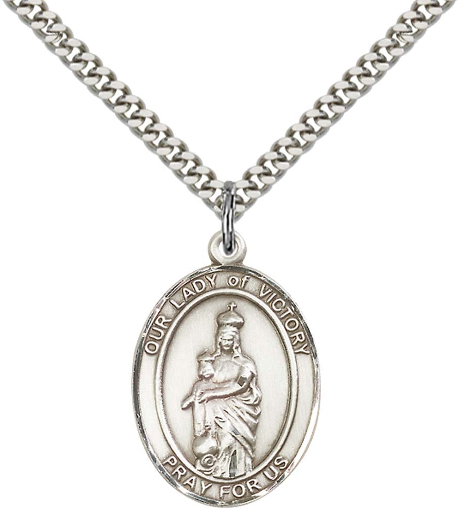 Sterling Silver O/L of Victory Pendant with 24 Inch Light Rhodium Heavy Curb Chain