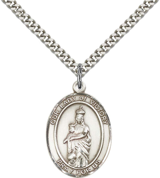 Sterling Silver O/L of Victory Pendant with 24 Inch Light Rhodium Heavy Curb Chain