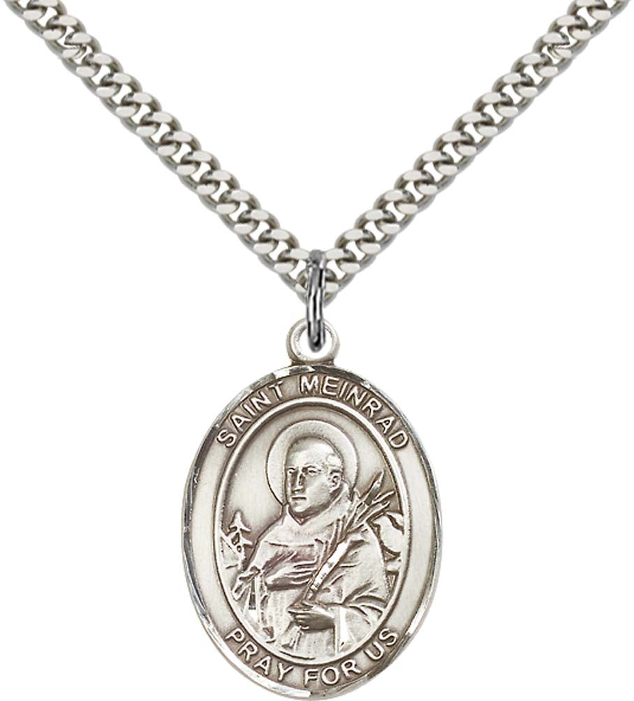 Sterling Silver St. Meinrad of Einsideln Pendant with 24 Inch Light Rhodium Heavy Curb Chain
