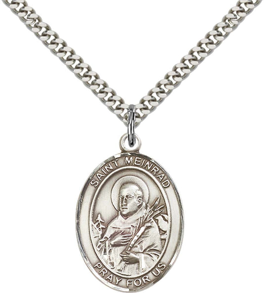 Sterling Silver St. Meinrad of Einsideln Pendant with 24 Inch Light Rhodium Heavy Curb Chain