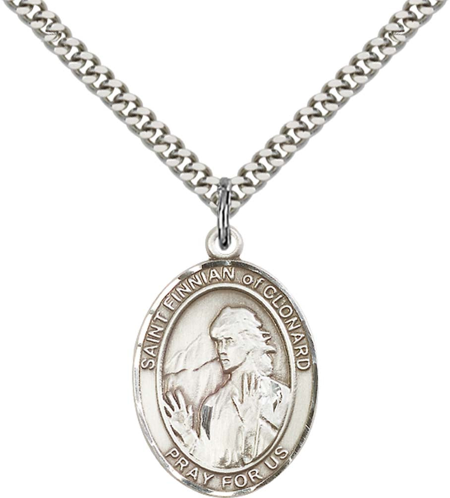 Sterling Silver St. Finnian of Clonard Pendant with 24 Inch Light Rhodium Heavy Curb Chain