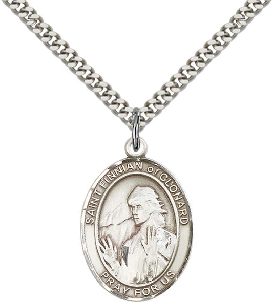 Sterling Silver St. Finnian of Clonard Pendant with 24 Inch Light Rhodium Heavy Curb Chain