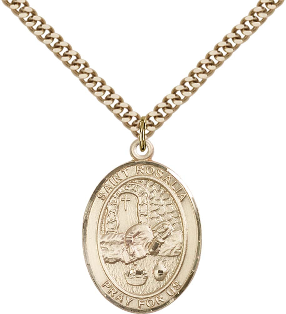 14kt Gold Filled St. Rosalia Pendant with 24 inch Gold Plate Heavy Curb Chain
