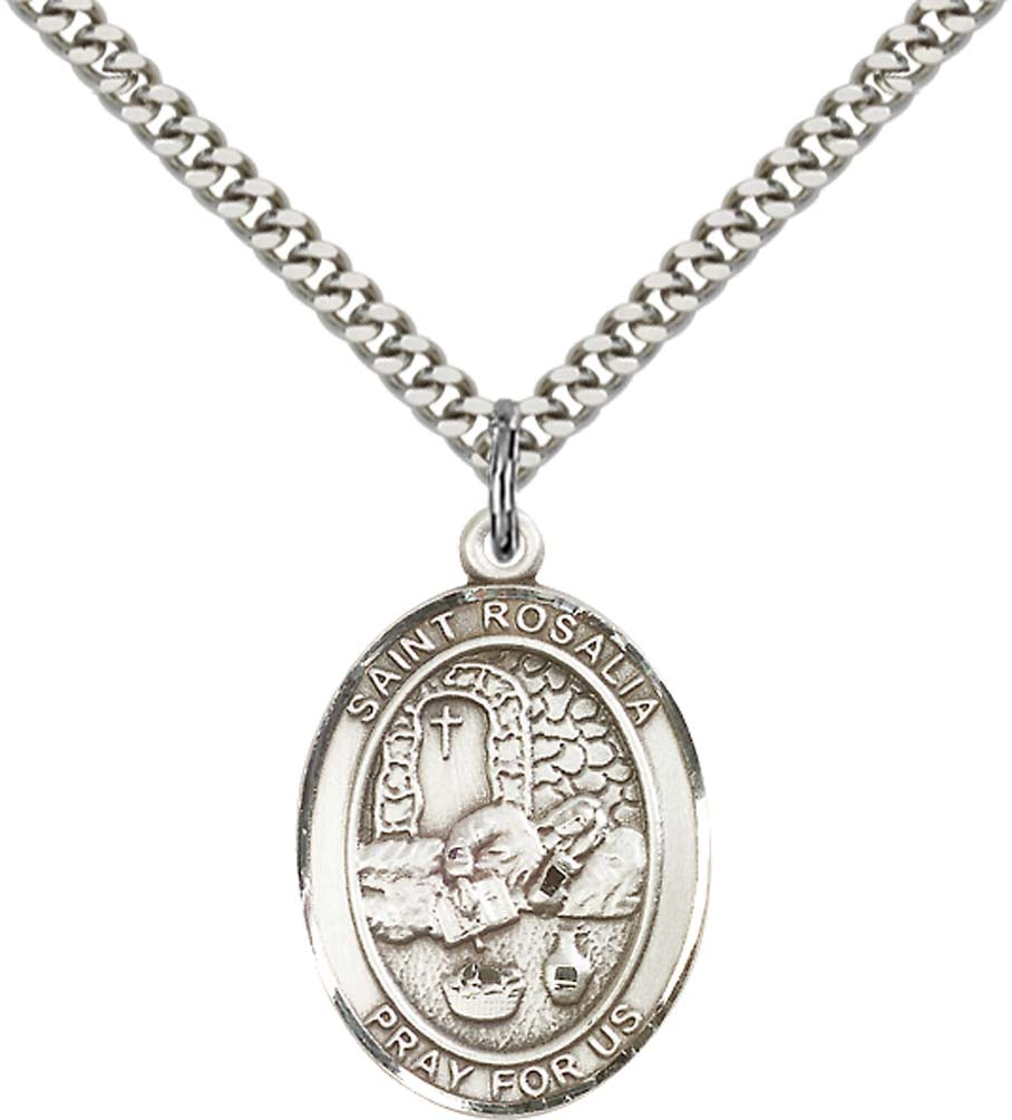 Sterling Silver St. Rosalia Pendant with 24 Inch Light Rhodium Heavy Curb Chain