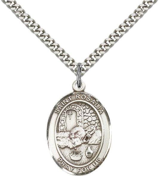 Sterling Silver St. Rosalia Pendant with 24 Inch Light Rhodium Heavy Curb Chain