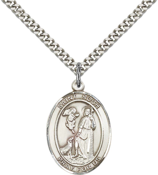 Sterling Silver St. Roch Pendant with 24 Inch Light Rhodium Heavy Curb Chain