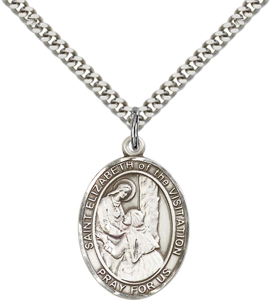 Sterling Silver St. Elizabeth of the Visitation Pe with 24 Inch Light Rhodium Heavy Curb Chain