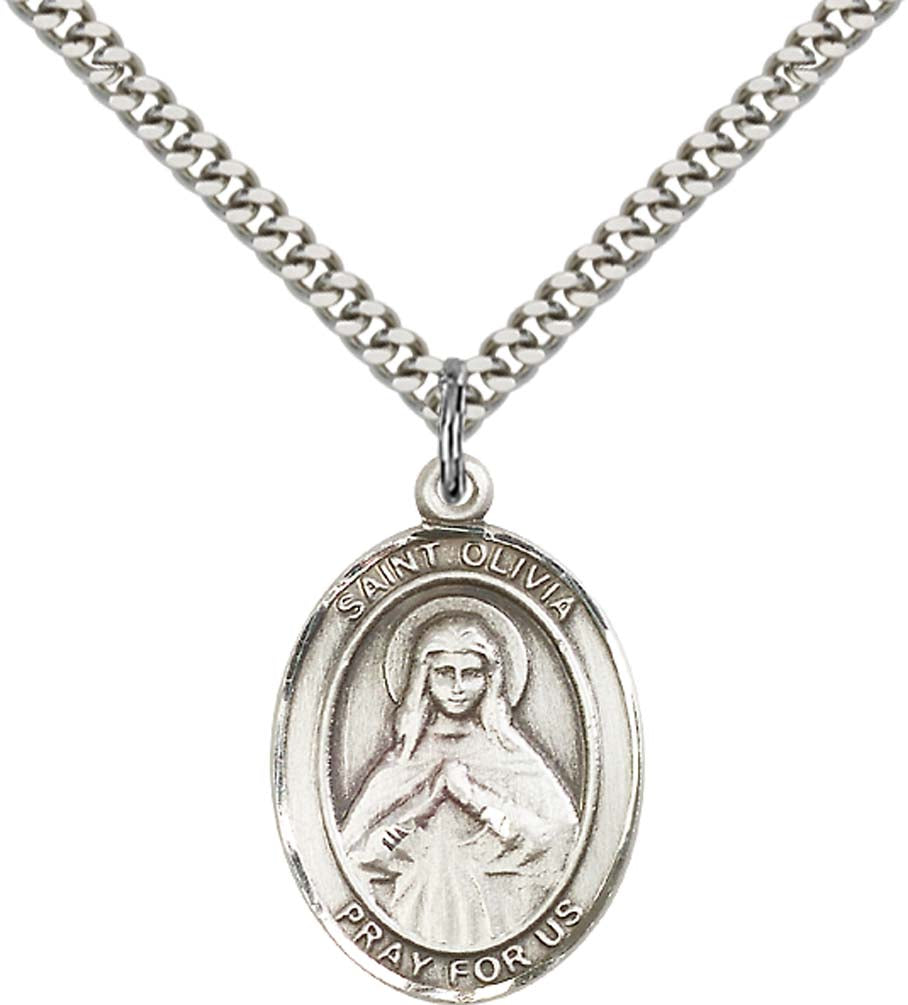 Sterling Silver St. Olivia Pendant with 24 Inch Light Rhodium Heavy Curb Chain