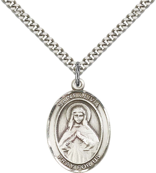 Sterling Silver St. Olivia Pendant with 24 Inch Light Rhodium Heavy Curb Chain