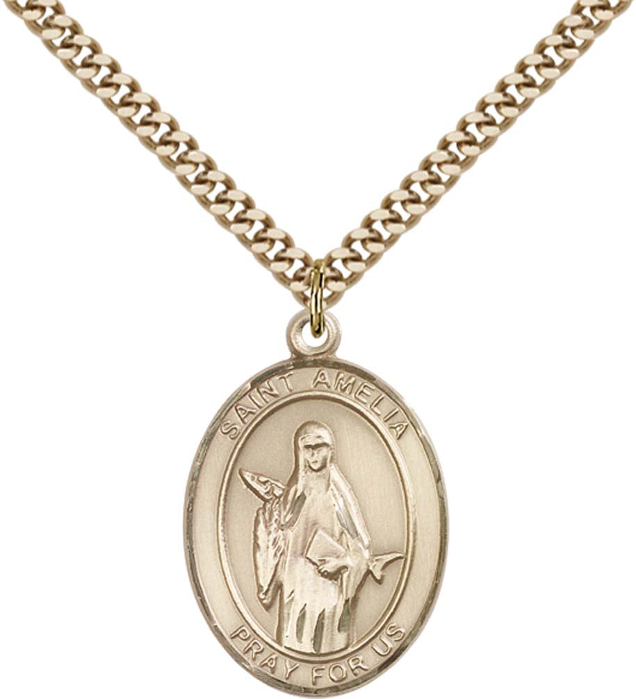 14kt Gold Filled St. Amelia Pendant with 24 inch Gold Plate Heavy Curb Chain