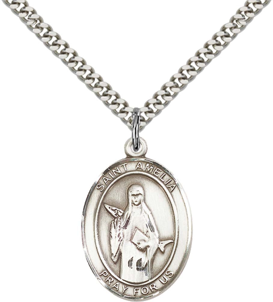 Sterling Silver St. Amelia Pendant with 24 Inch Light Rhodium Heavy Curb Chain