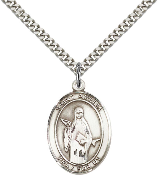 Sterling Silver St. Amelia Pendant with 24 Inch Light Rhodium Heavy Curb Chain