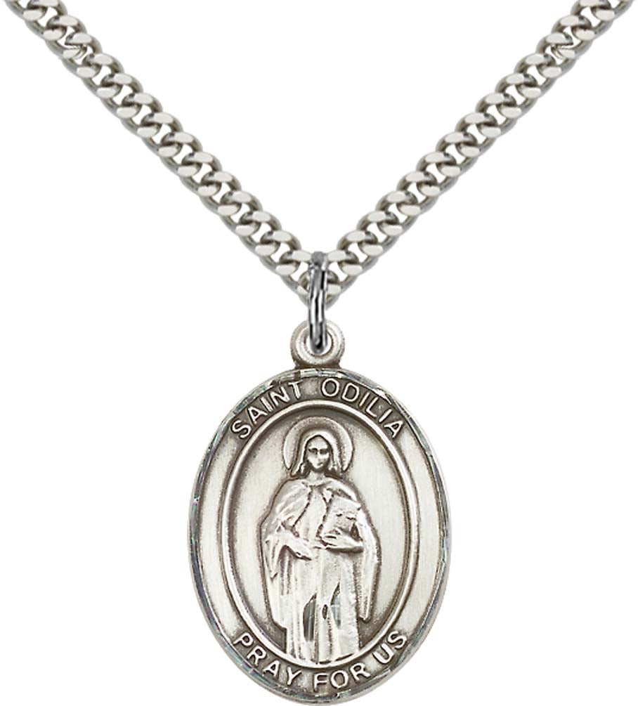 Sterling Silver St. Odilia Pendant with 24 Inch Light Rhodium Heavy Curb Chain
