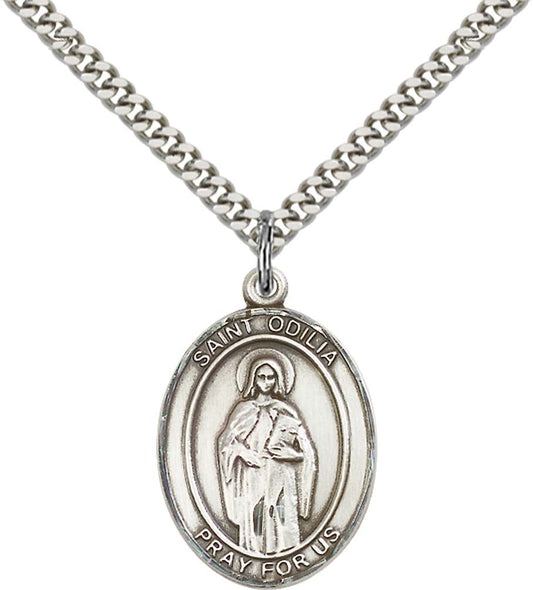 Sterling Silver St. Odilia Pendant with 24 Inch Light Rhodium Heavy Curb Chain