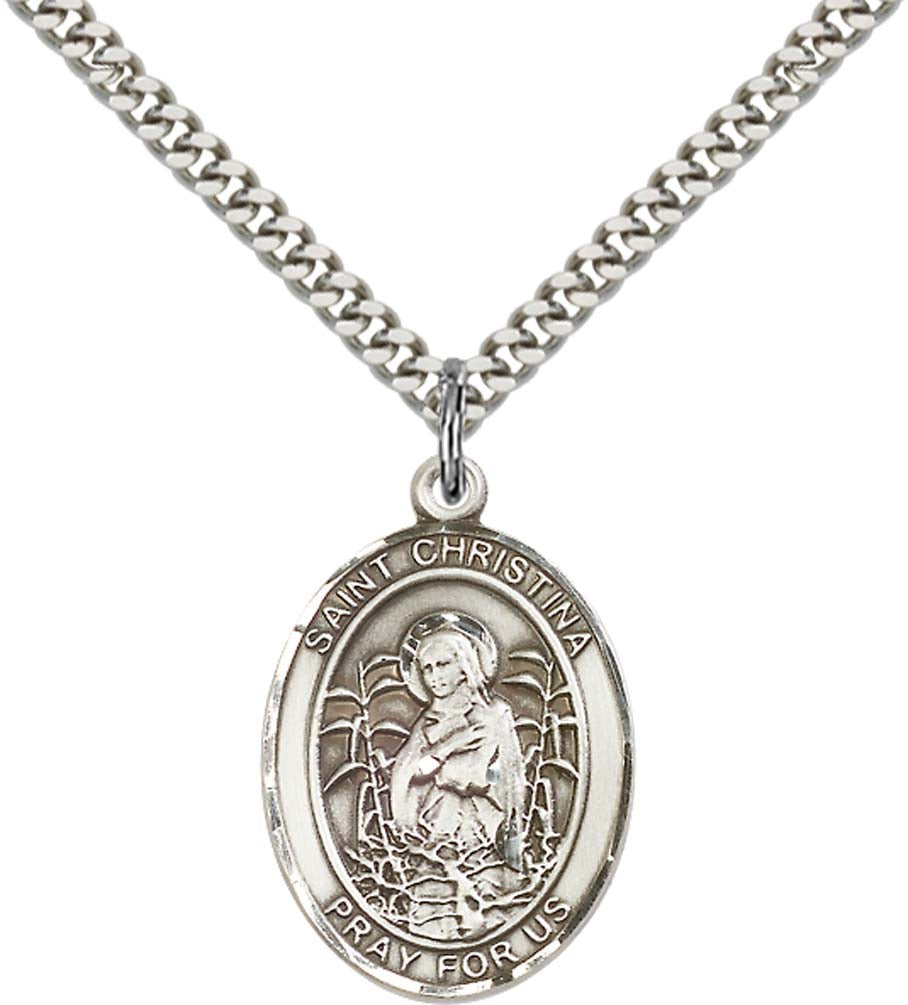 Sterling Silver St. Christina the Astonishing Pend with 24 Inch Light Rhodium Heavy Curb Chain