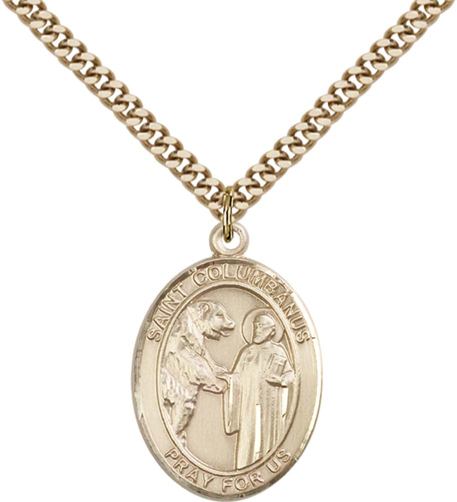 14kt Gold Filled St. Columbanus Pendant with 24 inch Gold Plate Heavy Curb Chain