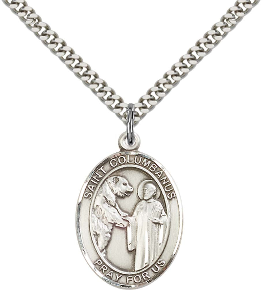 Sterling Silver St. Columbanus Pendant with 24 Inch Light Rhodium Heavy Curb Chain