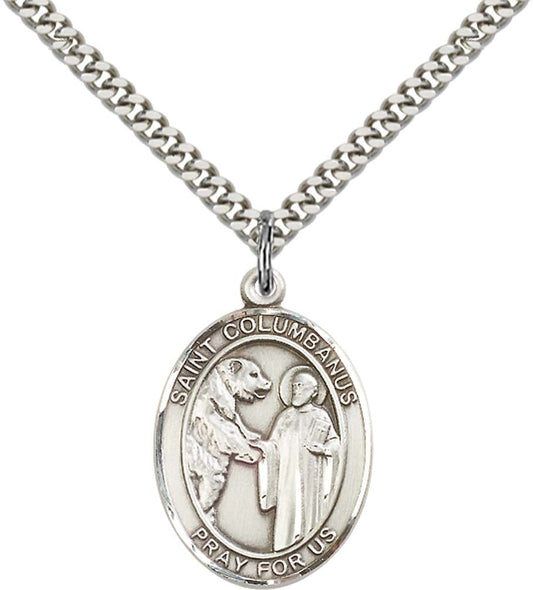 Sterling Silver St. Columbanus Pendant with 24 Inch Light Rhodium Heavy Curb Chain