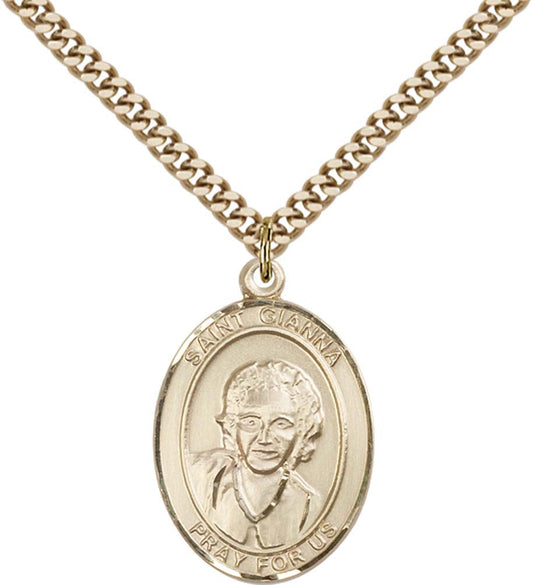 14kt Gold Filled St. Gianna Pendant with 24 inch Gold Plate Heavy Curb Chain
