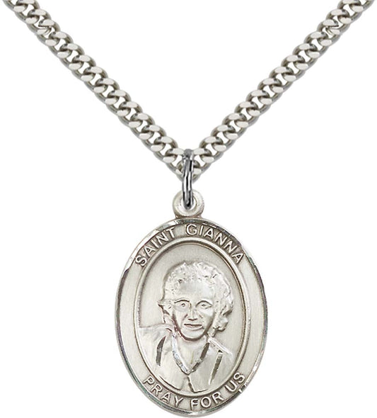 Sterling Silver St. Gianna Pendant with 24 Inch Light Rhodium Heavy Curb Chain