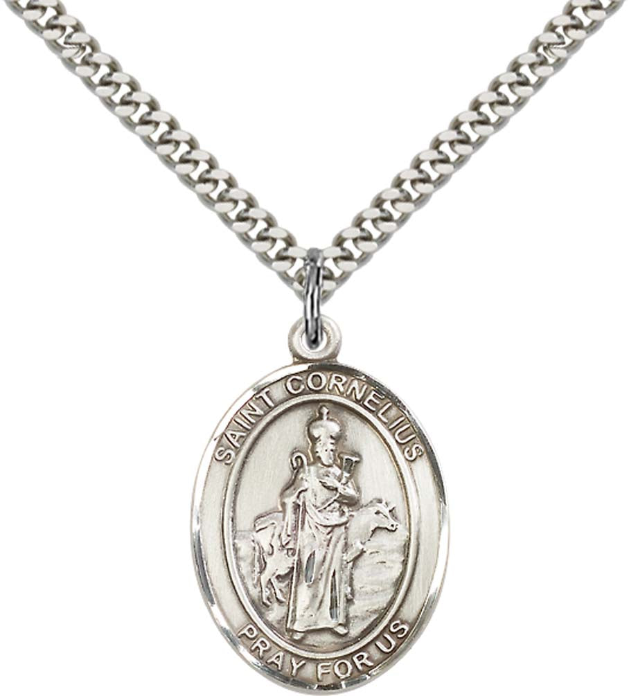 Sterling Silver St. Cornelius Pendant with 24 Inch Light Rhodium Heavy Curb Chain