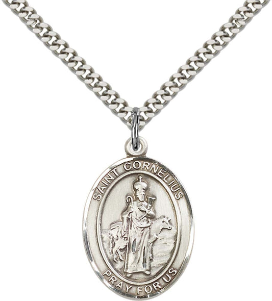 Sterling Silver St. Cornelius Pendant with 24 Inch Light Rhodium Heavy Curb Chain
