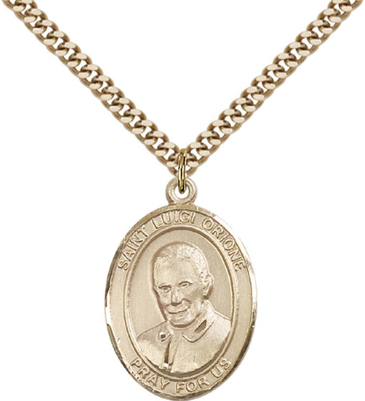 14kt Gold Filled St. Luigi Orione Pendant with 24 inch Gold Plate Heavy Curb Chain