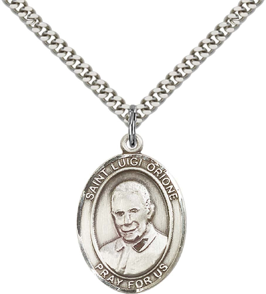 Sterling Silver St. Luigi Orione Pendant with 24 Inch Light Rhodium Heavy Curb Chain
