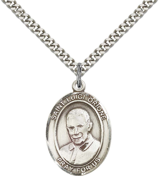 Sterling Silver St. Luigi Orione Pendant with 24 Inch Light Rhodium Heavy Curb Chain