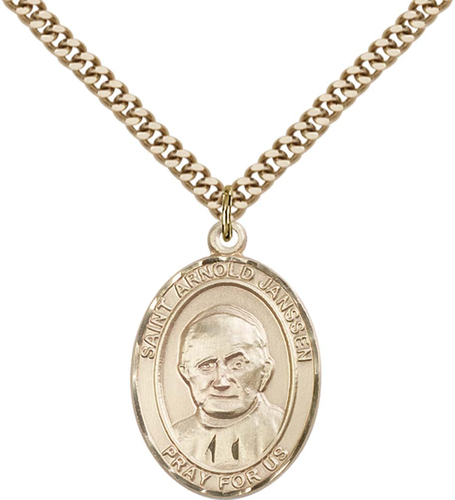 14kt Gold Filled St. Arnold Janssen Pendant with 24 inch Gold Plate Heavy Curb Chain