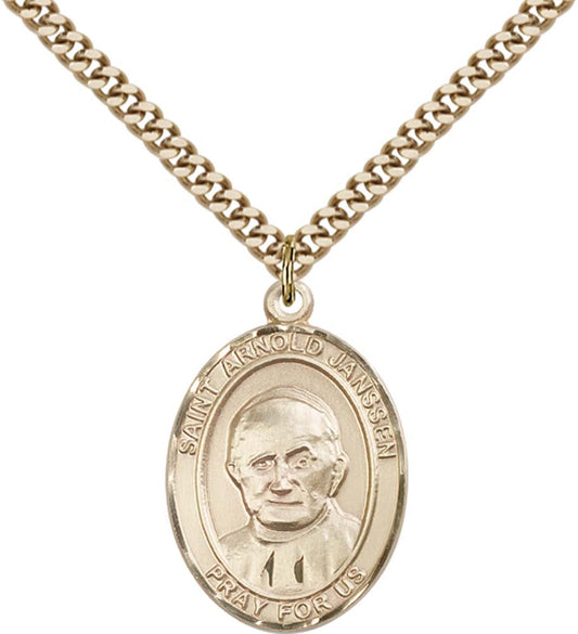 14kt Gold Filled St. Arnold Janssen Pendant with 24 inch Gold Plate Heavy Curb Chain