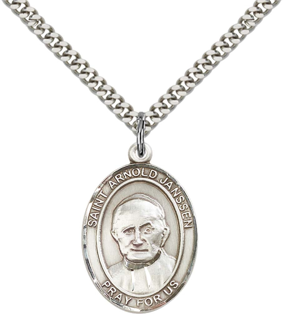 Sterling Silver St. Arnold Janssen Pendant with 24 Inch Light Rhodium Heavy Curb Chain