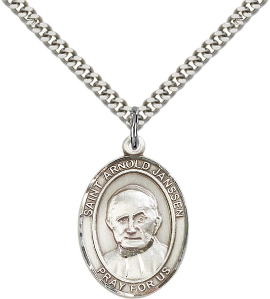 Sterling Silver St. Arnold Janssen Pendant with 24 Inch Light Rhodium Heavy Curb Chain