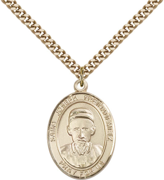 14kt Gold Filled St. Joseph Pendant with 24 inch Gold Plate Heavy Curb Chain - Large Saint Joseph Freinademetz