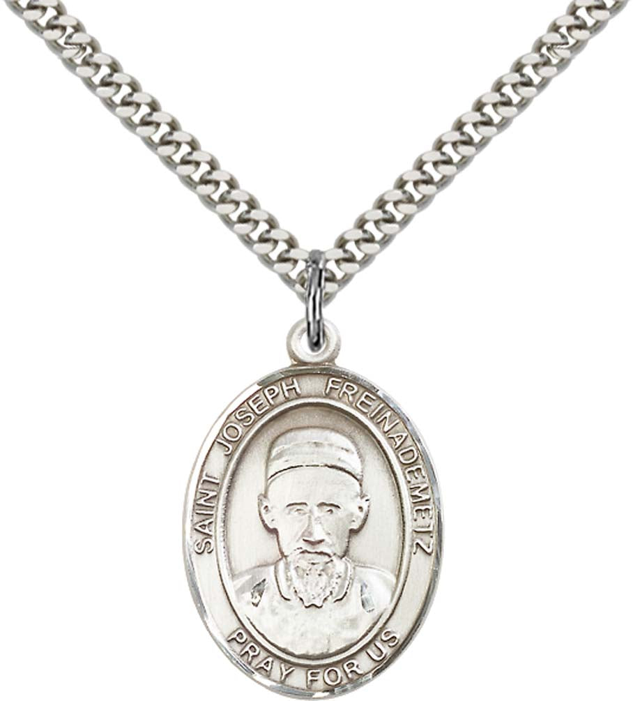 Sterling Silver St. Joseph Pendant with 24 Inch Light Rhodium Heavy Curb Chain - Large Saint Joseph Freinademetz