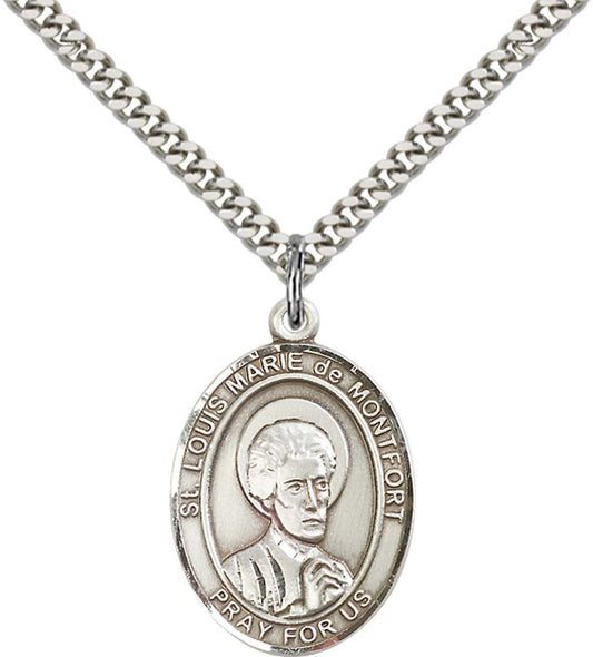 Sterling Silver St. Louis Marie de Montfort Pendan with 24 Inch Light Rhodium Heavy Curb Chain