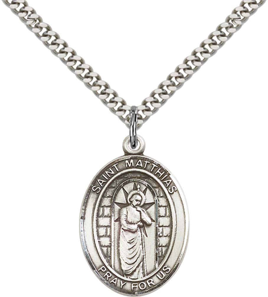 Sterling Silver St. Matthias the Apostle Pendant with 24 Inch Light Rhodium Heavy Curb Chain