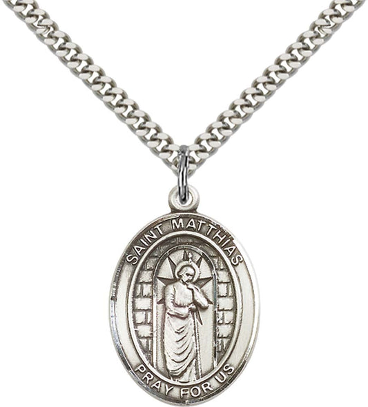 Sterling Silver St. Matthias the Apostle Pendant with 24 Inch Light Rhodium Heavy Curb Chain