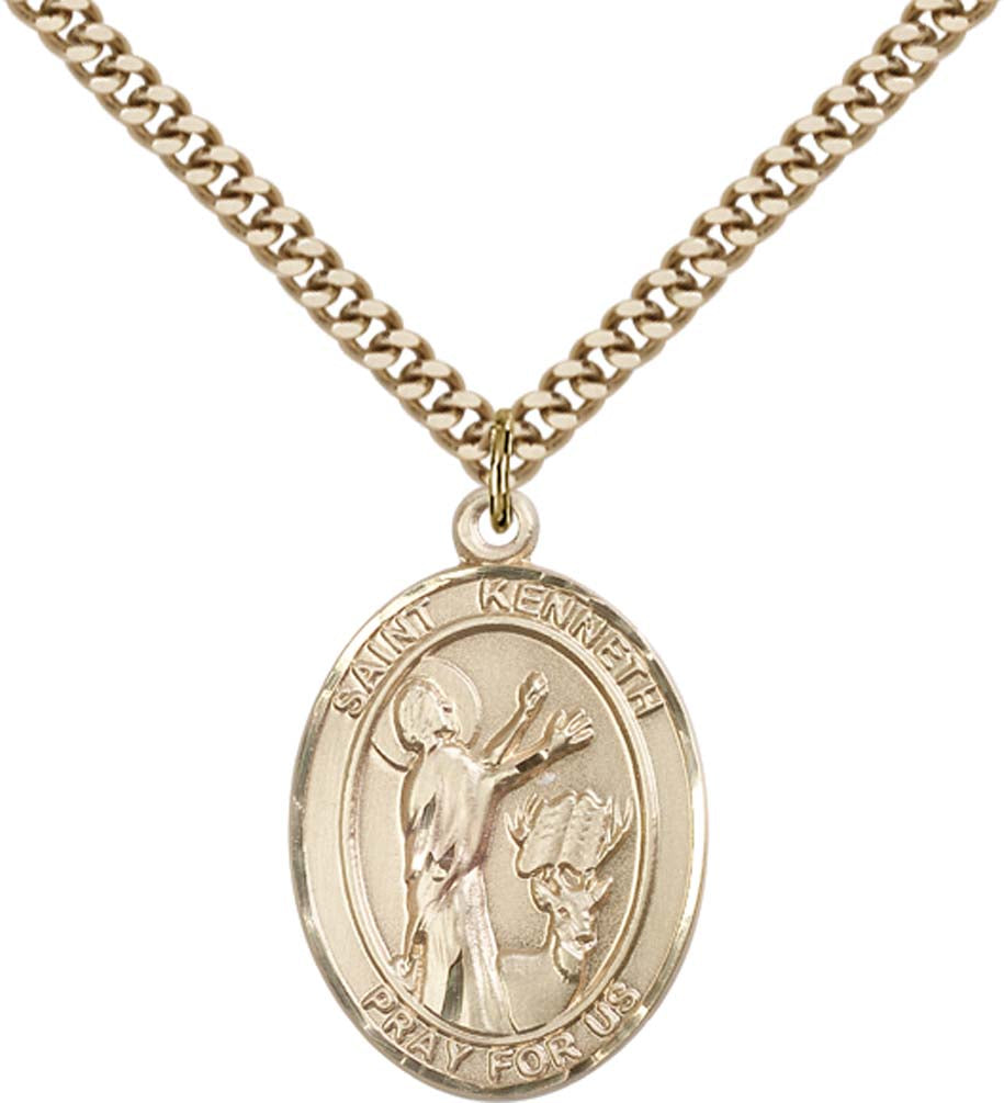 14kt Gold Filled St. Kenneth Pendant with 24 inch Gold Plate Heavy Curb Chain